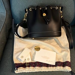 Tory Burch navy leather T monogram bucket bag
